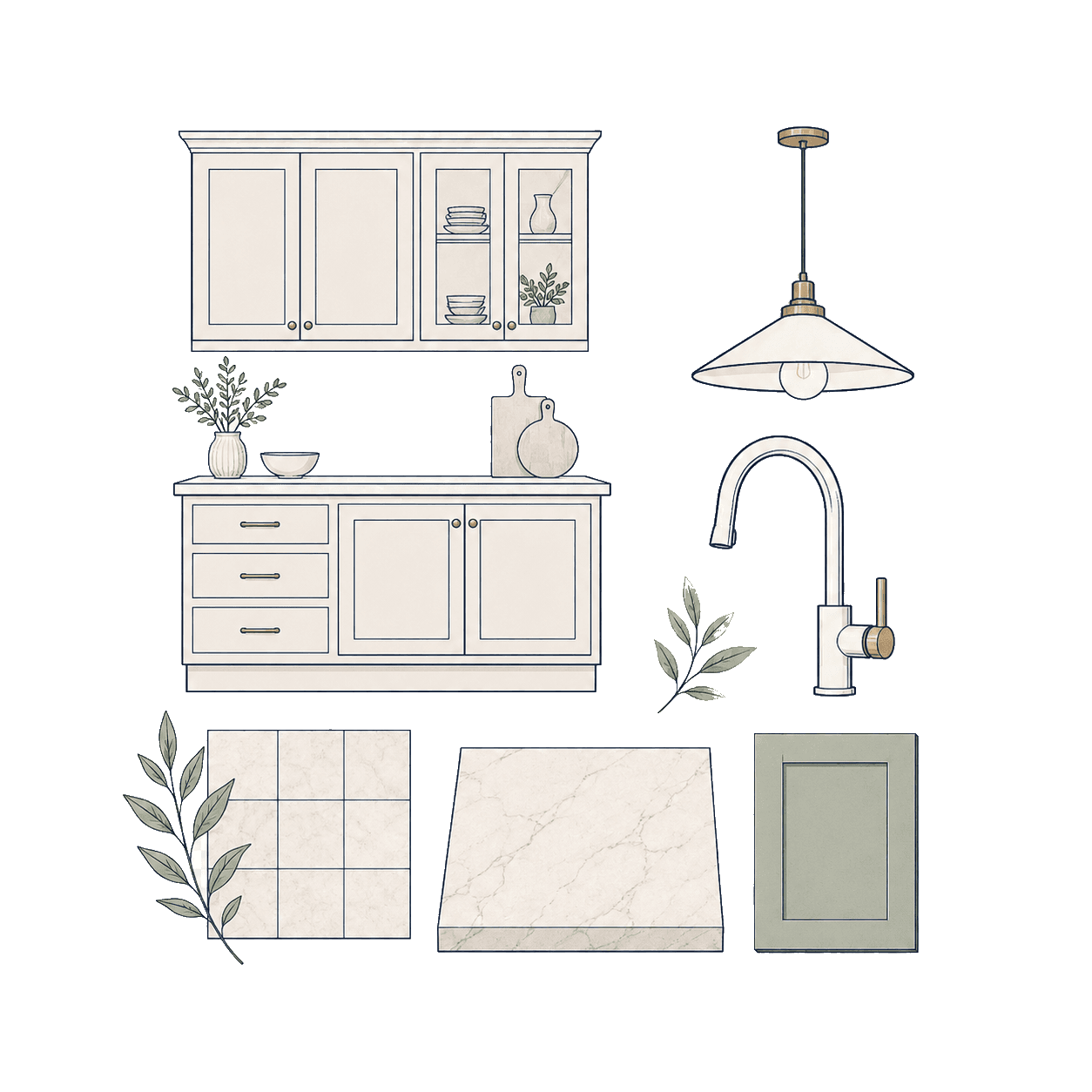 Board of kitchen product elements and categories. UK kitchen renovation planning illustration for Pocketa. Board of kitchen product elements and categories