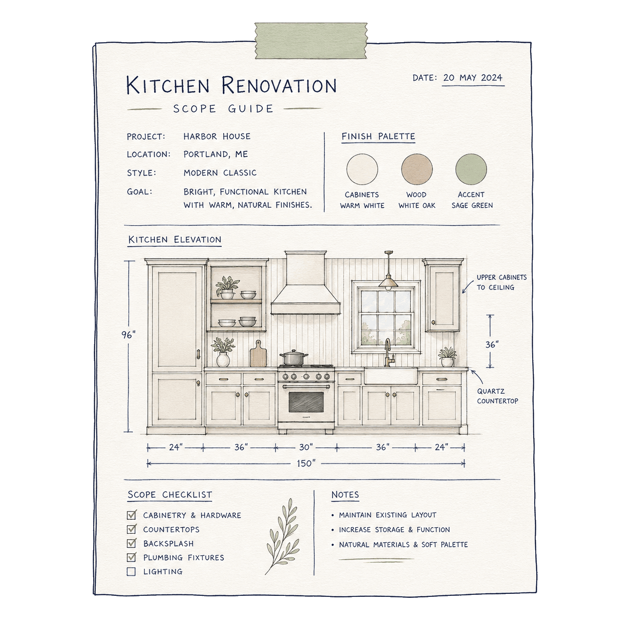 Scope guide sheet for renovation planning. UK kitchen renovation planning illustration for Pocketa. Scope guide sheet for renovation planning
