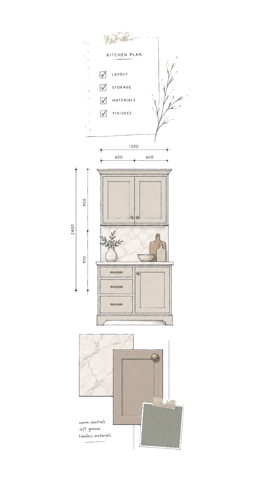 Vertical planning vignette with stacked project notes. UK kitchen renovation planning illustration for Pocketa. Vertical planning vignette with stacked project notes